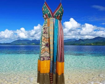 Womens FASHION DIVA Silk Maxi Dress, Blue Beach Maxi Dress, Flowy Dresses, Recycle Silk Handmade Dresses S/M