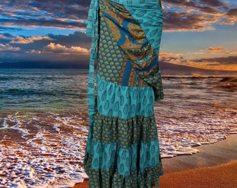 Bohemian Blue Silk Sari Ruffle Wrap Skirt, Tiered Maxi Skirt, Handmade Belly Dance Beach Party Long Skirts One size