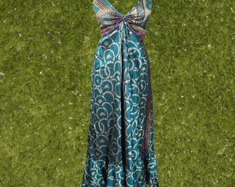 Blue Sari Silk Maxi Dress, Elegant Floral Dress, Recycle silk Summer Dress for Women, Print Beach Dress, Halter dress S/M