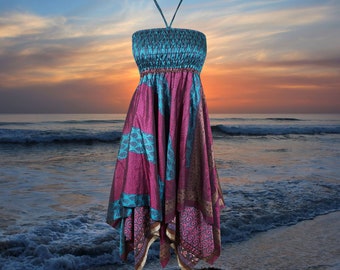 Women's Beach Sundress, Luxe Halter Dress, Teal Blue Purple Print, Bohemian Recycled Silk Summer Travel Dresses S/M