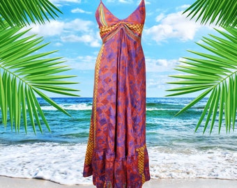 Womens Strap Sundress, Handmade Pink Purple Recycled Silk Dress, Spaghetti Strap, Boho Hippy Stylish Summer Travel Dress S/M