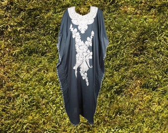 Women's Kaftan Maxi Dress, Black Beach holiday Caftan Dresses, Lounger, Cotton Embroidered Summer Caftans, Oversize L-2XL One Size