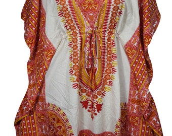 Womens Lightweight Short Caftan Dress Red Off-White Dashiki Print Kimono Sleeves Beach Bikini Cover Up Resort Wear ONE SIZE