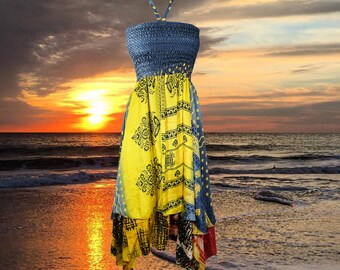 Women Sundress, Halter Dresses, Yellow Handmade Boho Dress, Printed Handkercheif Hem Uneven Upcycled Silk Sari Boho Beach Halter Dress S/M