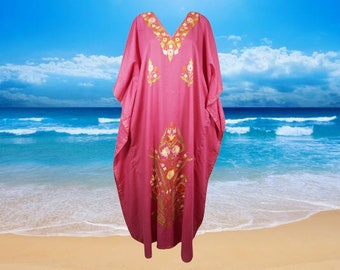 Womens Kaftan Maxi Dress, Loose Beach Maxi Dress, Pink Floral Embroidered Dresses, Resort Wear Caftan, Cotton Kaftan Dress One size L-3XL