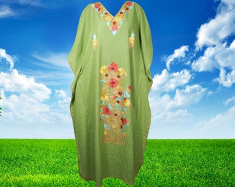 Womens Kaftan Maxi Dress, Beach Bohemian Lounger Caftan Dress, Green Floral Hand Embellished Kaftan Dresses L-2XL