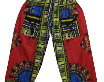 womens Orange Yoga Pants Tribal Print Front Pockets Loose Casual Pants S/M