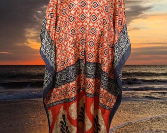 Women Boho Beach Kaftan, Fire Orange Paisley Caftan, Silk Kaftan, Housedress, Beach Coverup, Summer Boho Caftan, Resort, Cruise Caftan L-2X