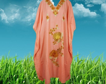 Womens Embroidered Kashmiri Kaftan Long Dress, Coral Peach Floral Embroidery Caftan Maxi Dress, Oversize Handmade Dress, Gift One Size L-XL