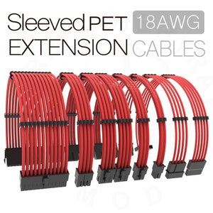 May include: Sleeved PET 18 AWG EXTENSION CABLES in red with black connectors. The cables are arranged in a row, with the connectors facing the viewer.
