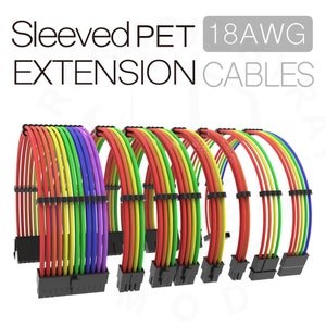 May include: Sleeved PET 18 AWG EXTENSION CABLES in a rainbow of colors, red, orange, yellow, green, blue, purple. The cables are arranged in a semi-circle with the connectors facing the viewer.