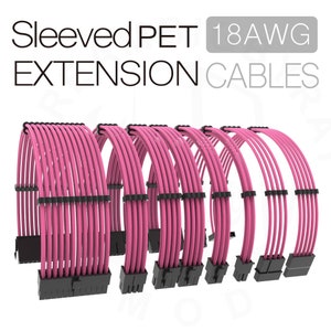 Può includere: Un set di cavi di prolunga rosa da 18 AWG per componenti per computer. I cavi sono disposti a semicerchio e hanno connettori neri.