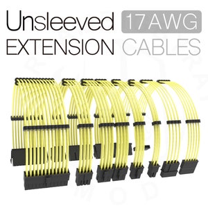 May include: A set of yellow unsleeved 17 AWG extension cables for computer components. The cables are arranged in a semi-circle and have black connectors.