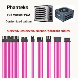 May include: An image showcasing Phanteks full modular PSU and customized cables. The image displays a power supply unit with a honeycomb design and another with "AMP" text. Below are pink sleeved cables with black connectors. Text on the image reads "sleeved/unsleeved/silicone/paracord cables."