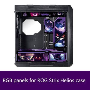 Puede incluir: Una caja de ordenador negra con paneles decorativos internos que presentan gráficos en morado y negro del personaje Gengar. Los paneles están instalados a lo largo de las secciones superior, lateral e inferior del chasis con ilustraciones de Gengar.
