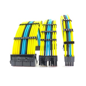 May include: Three black and yellow computer cables with blue accents. The cables are braided and have black connectors.