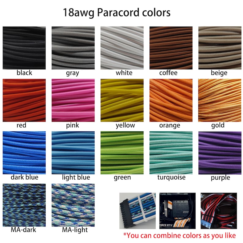 Puede incluir: Una tabla de colores de paracord de 18 AWG, que incluye negro, gris, blanco, caf&eacute;, beige, rojo, rosa, amarillo, naranja, dorado, azul oscuro, azul claro, verde, turquesa, morado y dos patrones de camuflaje etiquetados como MA-dark y MA-light. El texto "*Puedes combinar los colores como quieras" est&aacute; en la parte inferior de la tabla.