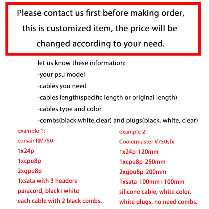 Puede incluir: Texto que explica c&oacute;mo personalizar una fuente de alimentaci&oacute;n para computadora (PSU) con cables. El texto incluye dos ejemplos: Corsair RM750 y Coolermaster V750sfx. Los ejemplos enumeran los cables necesarios, sus longitudes y las opciones de color.