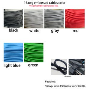 Puede incluir: Surtido de cables con relieve de 16 AWG en varios colores, incluidos negro, blanco, gris, rojo, azul claro y verde. Los cables tienen un grosor de 2 mm y son muy flexibles. "Puedes combinar los colores como quieras."