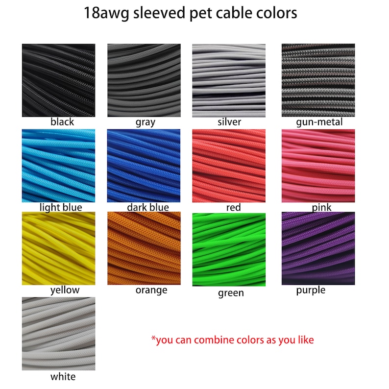Puede incluir: Un gr&aacute;fico que muestra 12 colores diferentes de cable para mascotas de 18 AWG con funda. Los colores son negro, gris, plata, gris metalizado, azul claro, azul oscuro, rojo, rosa, amarillo, naranja, verde, morado y blanco. *puedes combinar los colores como quieras*