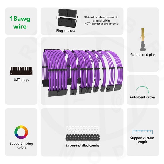 Customized 30cm Purple Sleeved Ps Psu Extension Cable Cpu Gpu8pin