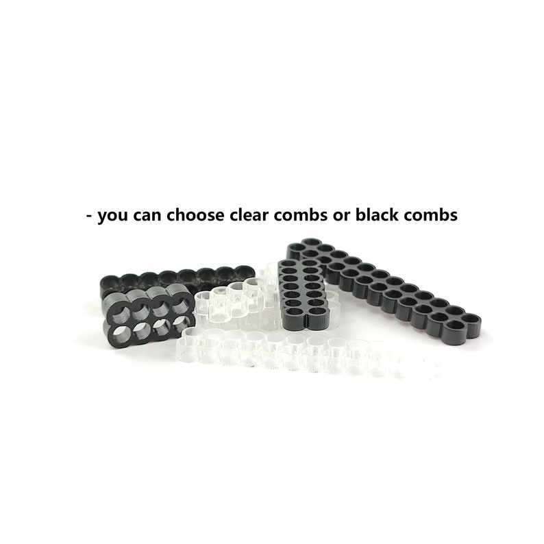 May include: Close-up of black and clear plastic combs. The text "you can choose clear combs or black combs" is visible in the image.