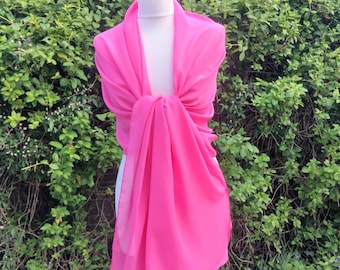 Hot Pink Chiffon Shawl: Handmade Evening Wrap - 78"x26"