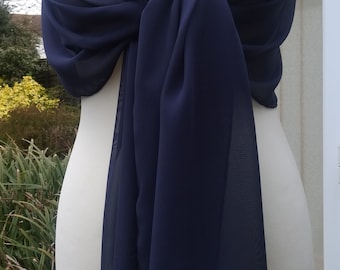 Chal, chal, estola, pashmina, bufanda, boda de noche, color azul marino - 200 cm x 45 cm