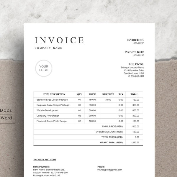 Invoice Template, Invoice Template for Word, Invoice Template for Google Docs Instant Download