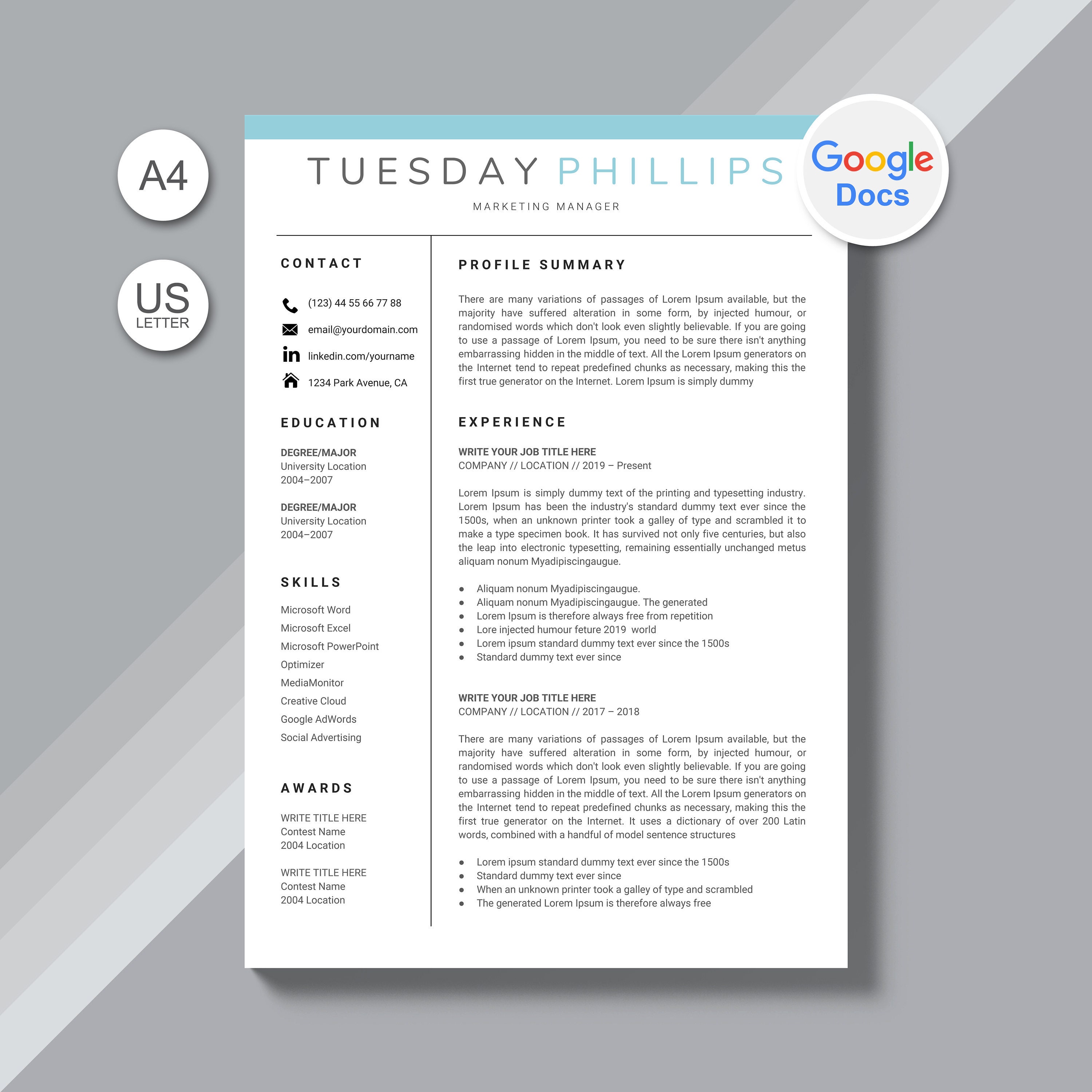 Creative Google Doc Resume Template Google Docs Resume Etsy