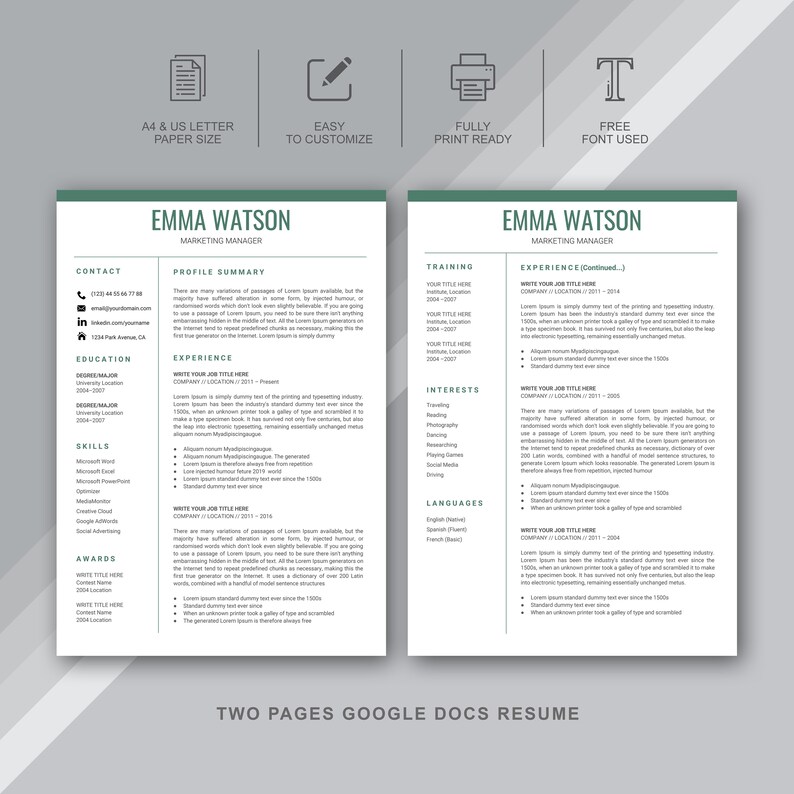 Lebenslauf Vorlage Google Docs Google Docs Lebenslauf | Etsy