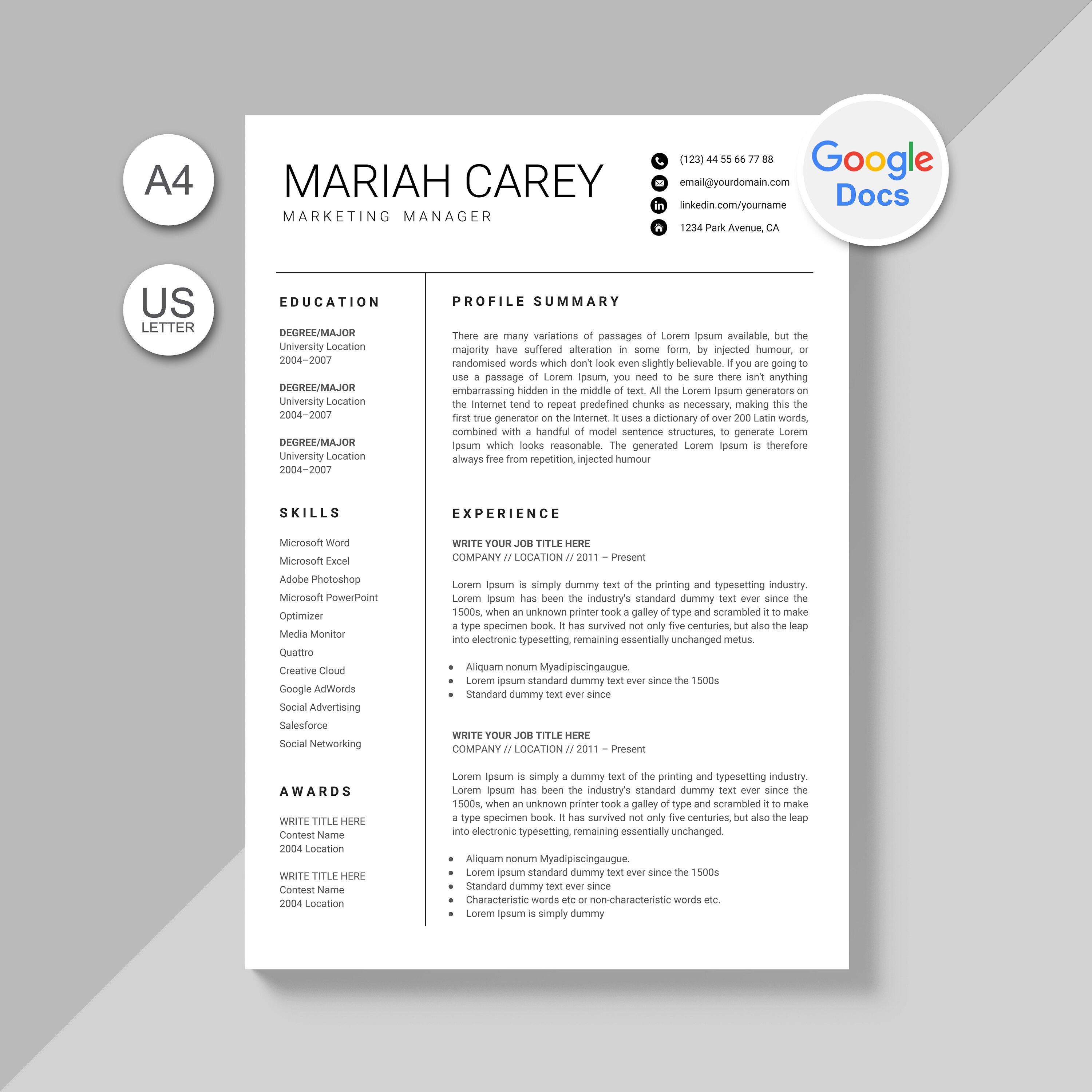 Resume Template Google Docs Resume Google Docs Instant Etsy