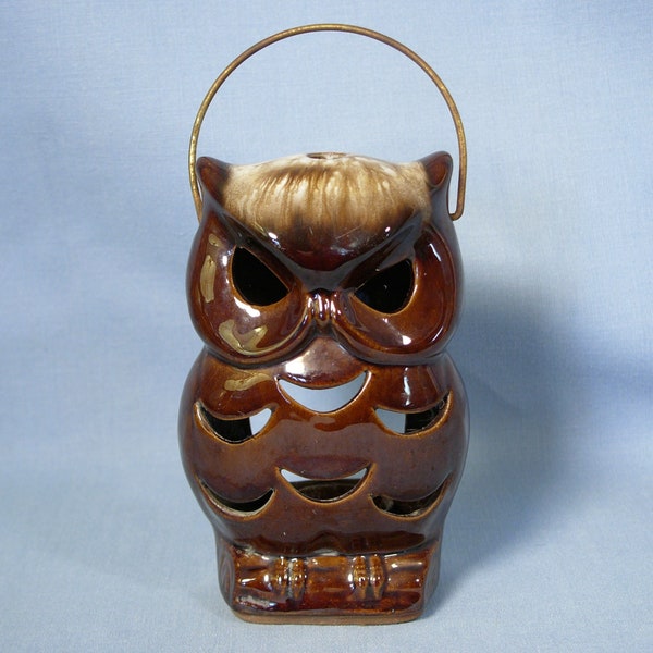 Vintage Ceramic Brown Drip Owl Candle Holder Hanging or Tabletop Lantern 1970s