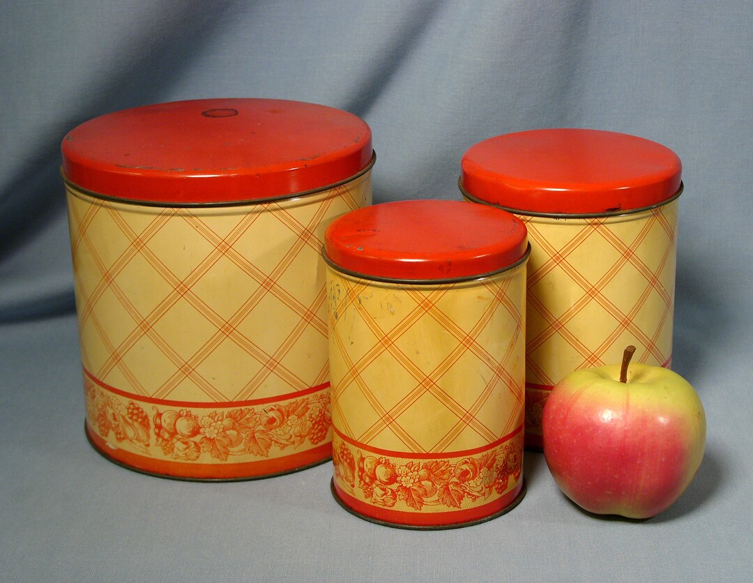 Vintage 1950s Metal Kitchen Canister Set of 3 Shabby Chic Red & Cream