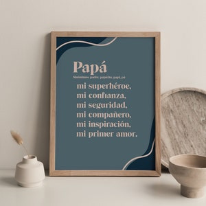 May include: A framed print with a blue background and white text that reads "Papá" with the definition "Sinónimos: padre, papicito, papi, pá mi superhéroe, mi confianza, mi seguridad, mi compañero, mi inspiración, mi primer amor."