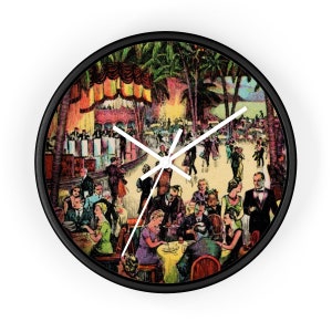 May include: A vintage-style wall clock featuring a colourful illustration of a bustling scene with people dancing and dining in a tropical setting. Palm trees and a stage are visible in the background.