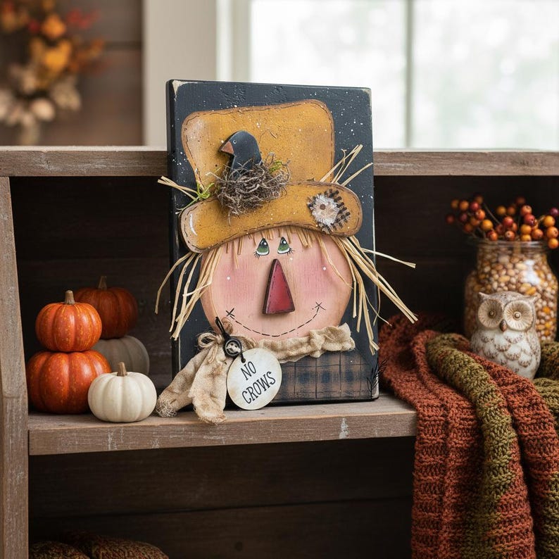 Rustic Scarecrow Wood Block Shelf Sitter | Folk Art Fall Decor | Raffia ...