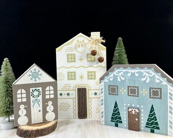 Wooden Houses, Christmas Village, Wooden Village Houses, Winter House Cutouts, Christmas House Cutouts, Snowy Village Houses, Chalk Couture
