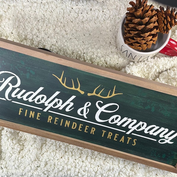 Wooden Sign, Deer Sign, Rudolph Sign, Rustic Sign, Christmas Barn Sign, Green and Gold Christmas Sign, Chalk Couture Sign