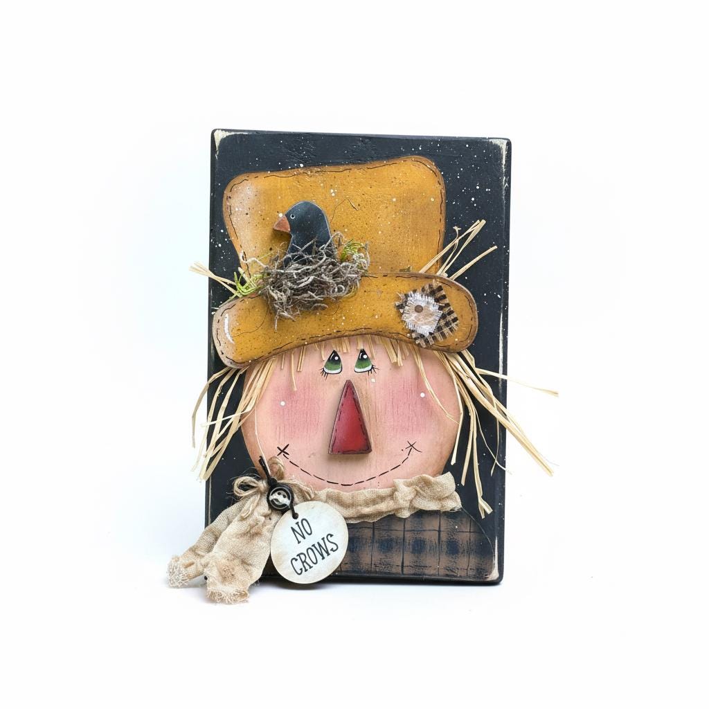 Rustic Scarecrow Wood Block Shelf Sitter | Folk Art Fall Decor | Raffia ...