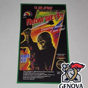 May include: A green, black, and red video game cartridge for the Nintendo Entertainment System. The cartridge is for the game "Friday the 13th" and features a picture of Jason Voorhees, the hockey mask-wearing killer from the movie series. The text on the cartridge reads "Destroy Jason... if you can!"