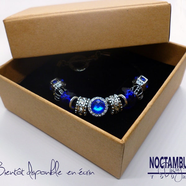 Bracelet de charms type Pandora Caro loves blue cuir noir fermoir toggle Composition artisanale personnalisable bleu marine strass perle