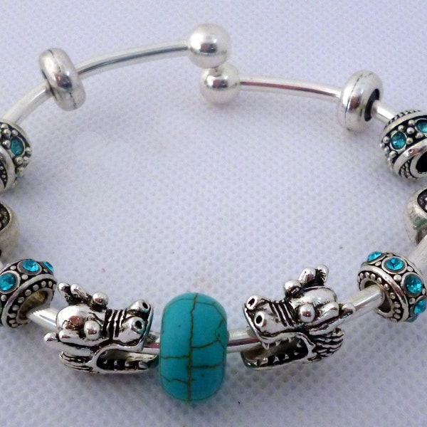 Bracelet  charm type Pandora Blue Dragon Jonc Créateur Artisanal France Ajustable  Argent Antique Céramique turquoise Strass perles cadeau