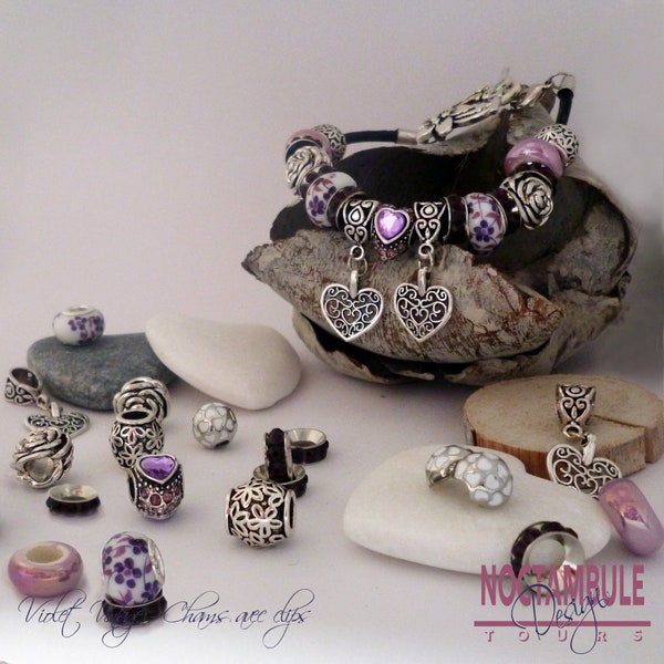 Charms type Pandora Assortiment Perle Breloque Bélière pour Violet Vintage  avec ou sans clips pour bracelet Rigide Maille serpent Cuir