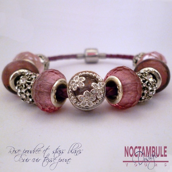 Bracelet Charm type Pandora Rose poudrée Cuir prune clip  Créateur Noctambule Design Tours France Perle facette Lampwork Strass Shine Fleurs