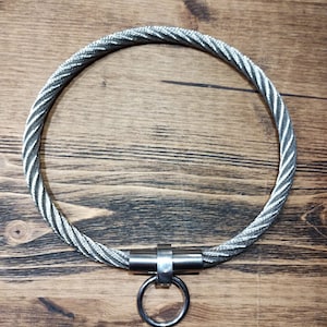 Op de afbeelding: Een zilverkleurige metalen kraag met een gevlochten kabelontwerp. De kraag heeft een cirkelvormige ring bevestigd aan een cilindrische sluiting. Het item wordt gepresenteerd op een houten oppervlak.