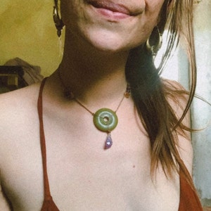 Amethyst and serpentine crystal necklace. Tribal magic necklace. Fairy necklace. Jungle necklace. Crystal and macrame necklace