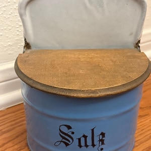 Vintage Metal Enamel Saltbox with Wood Lid