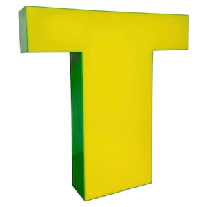 Letra T vintage iluminada en amarillo, década de 1970