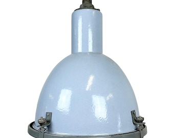 Grijze emaille industriële hanglamp met glazen kap, jaren 50
